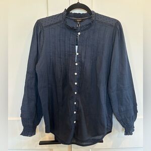 Quince Textured Cotton Peasant Blouse Navy XS NWT